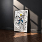 Minato Namikaze manga poster inspired by Naruto in a black frame against a charcoal gray wall