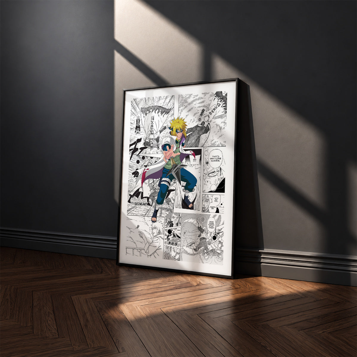 Minato Namikaze manga poster inspired by Naruto in a black frame against a charcoal gray wall