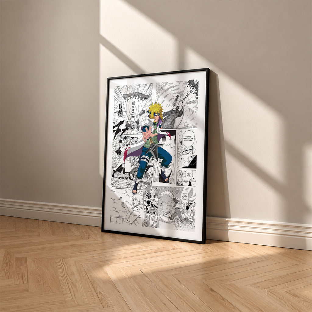 Minato Namikaze manga poster inspired by Naruto in a black frame against a warm beige wall