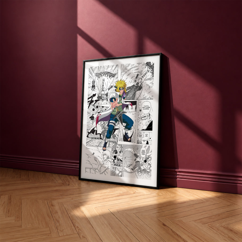 Minato Namikaze manga poster inspired by Naruto in a black frame against a burgundy wall