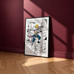 Minato Namikaze manga poster inspired by Naruto in a black frame against a burgundy wall