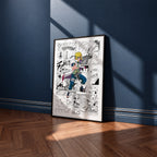 Minato Namikaze manga poster inspired by Naruto in a black frame against a navy blue wall