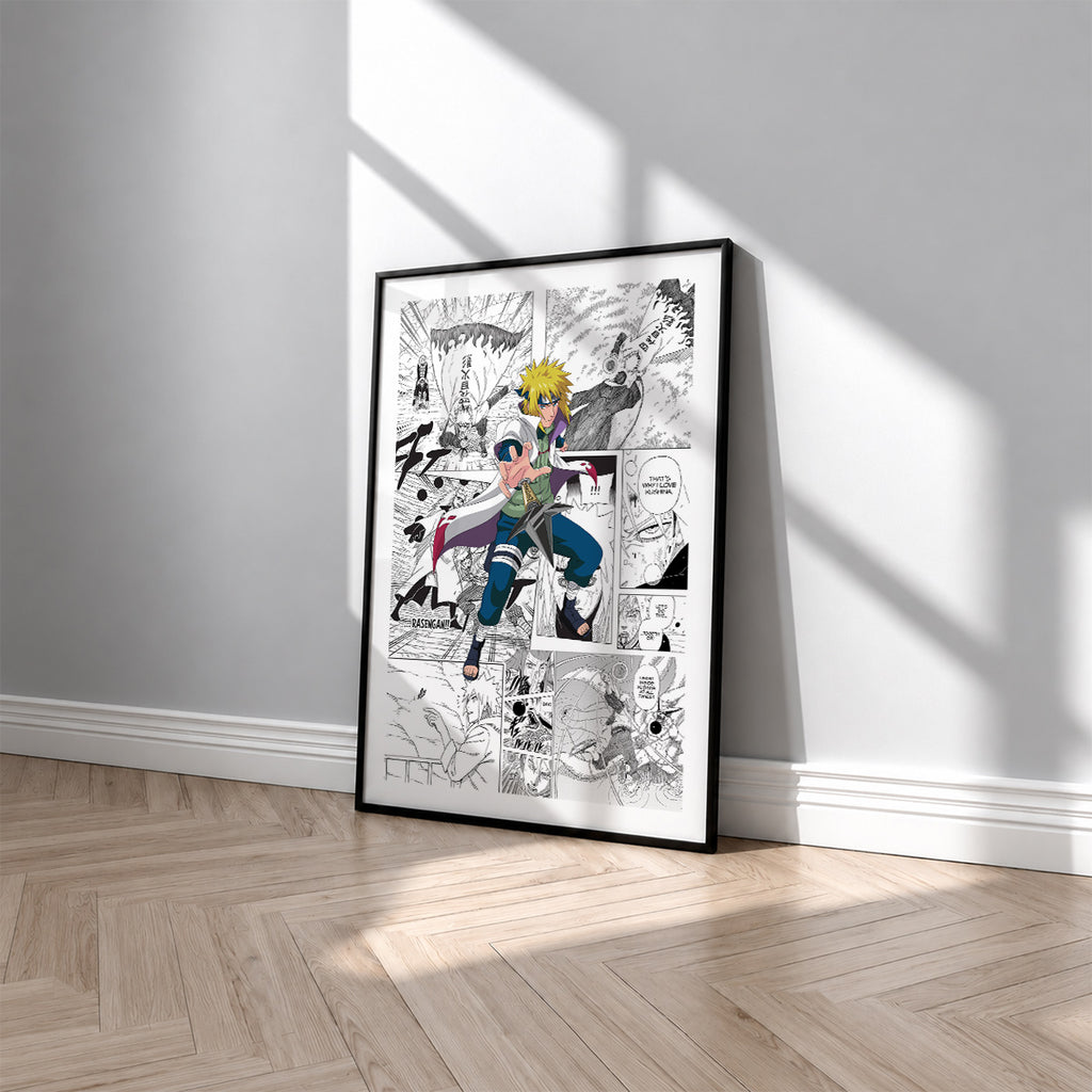 Minato Namikaze manga poster inspired by Naruto in a black frame against a light gray wall