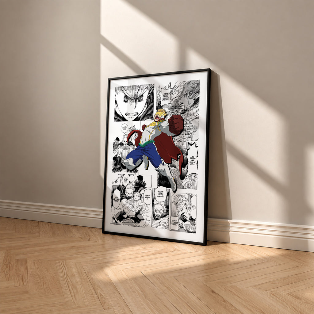 Mirio Togata manga poster inspired by My Hero Academia in a black frame against a warm beige wall