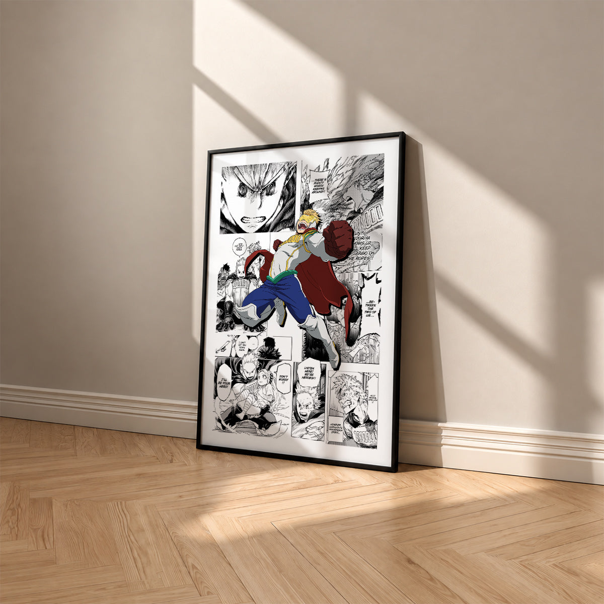 Mirio Togata manga poster inspired by My Hero Academia in a black frame against a warm beige wall