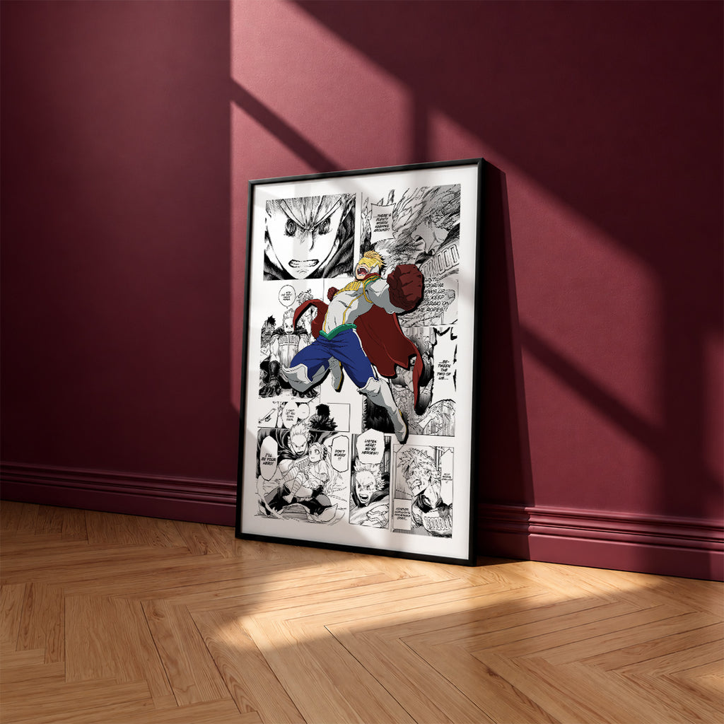 Mirio Togata manga poster inspired by My Hero Academia in a black frame against a burgundy wall