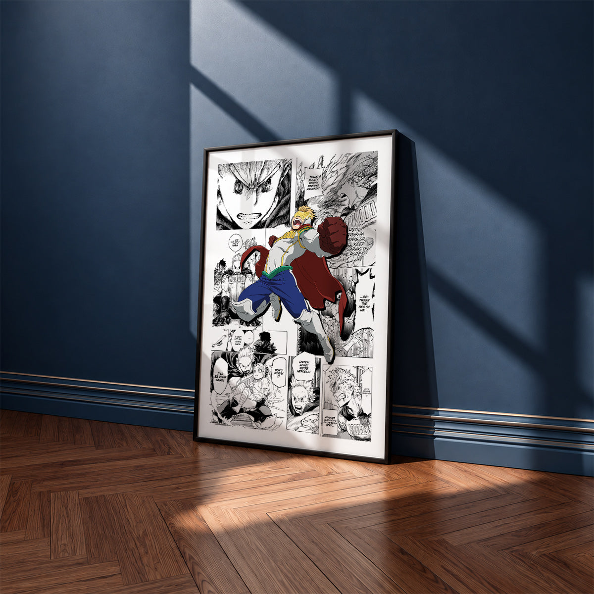 Mirio Togata manga poster inspired by My Hero Academia in a black frame against a navy blue wall