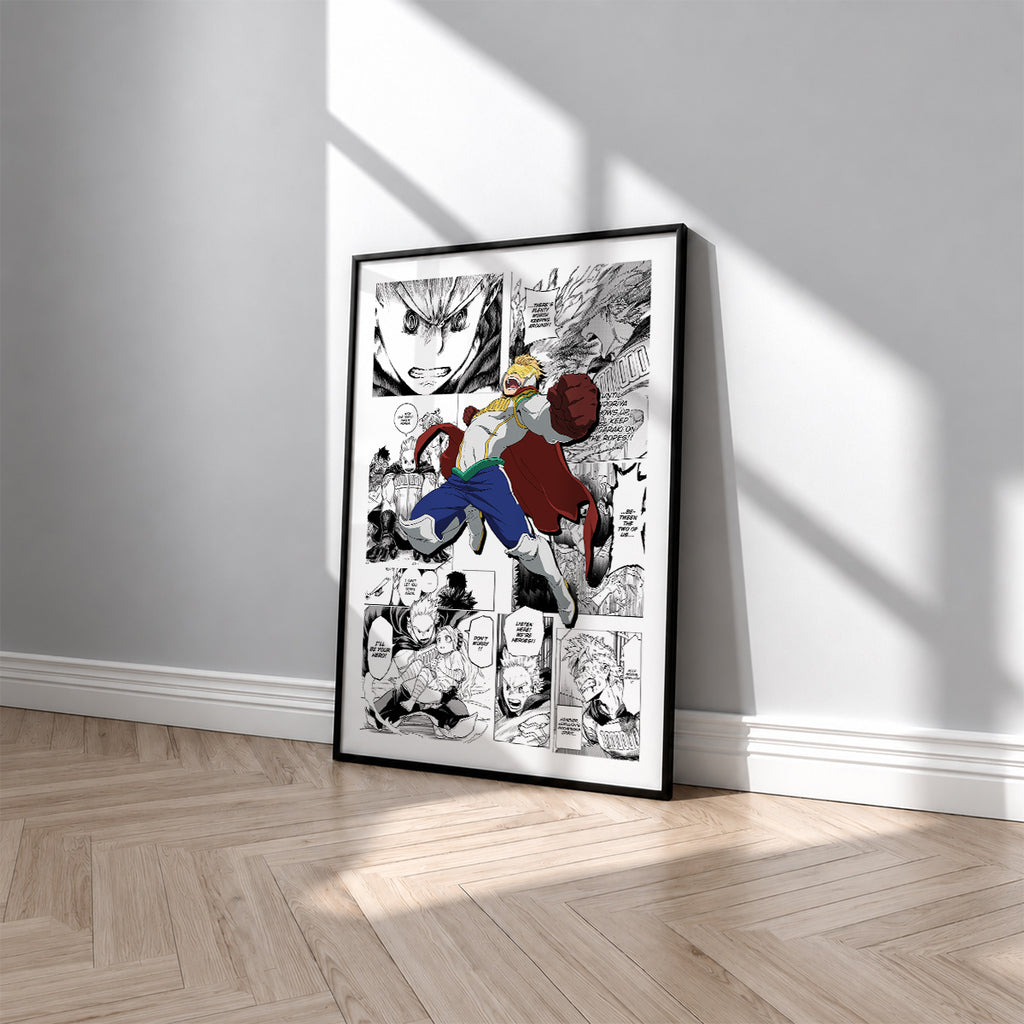 Mirio Togata manga poster inspired by My Hero Academia in a black frame against a light gray wall