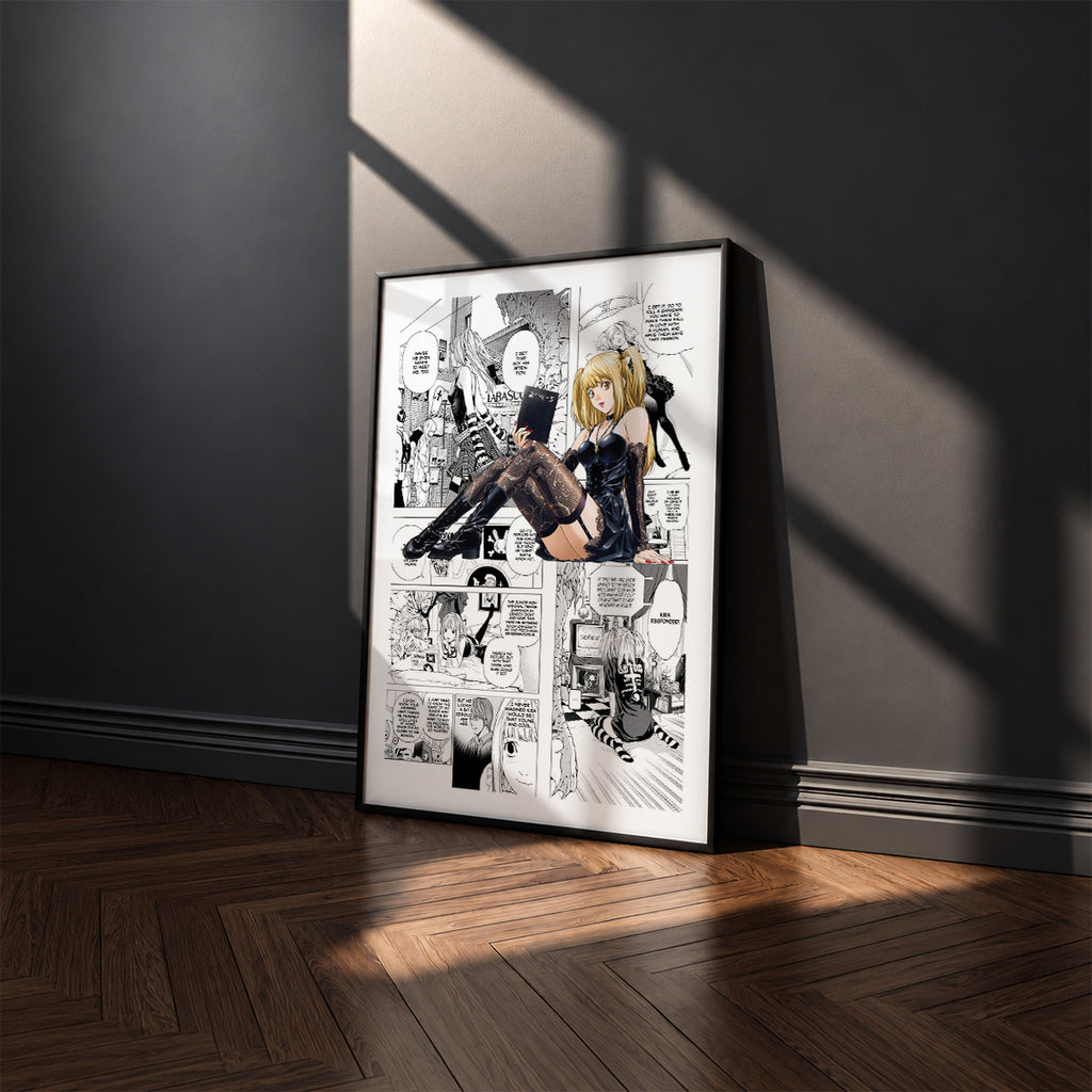 Misa Amane manga poster inspired by Death Note in a black frame against a charcoal gray wall