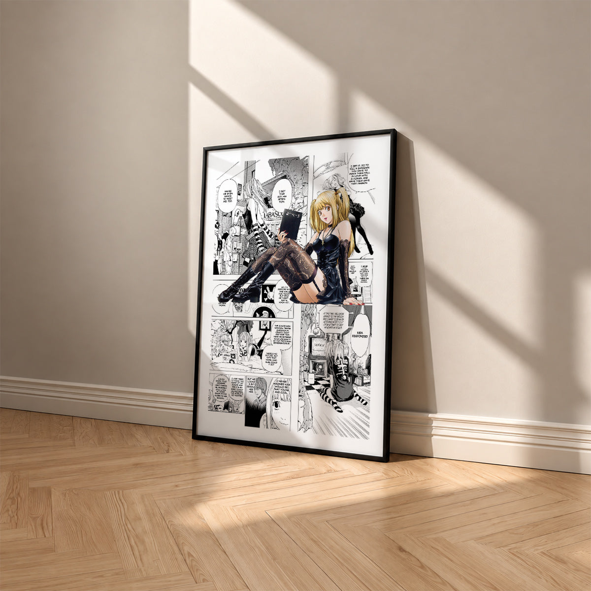 Misa Amane manga poster inspired by Death Note in a black frame against a warm beige wall