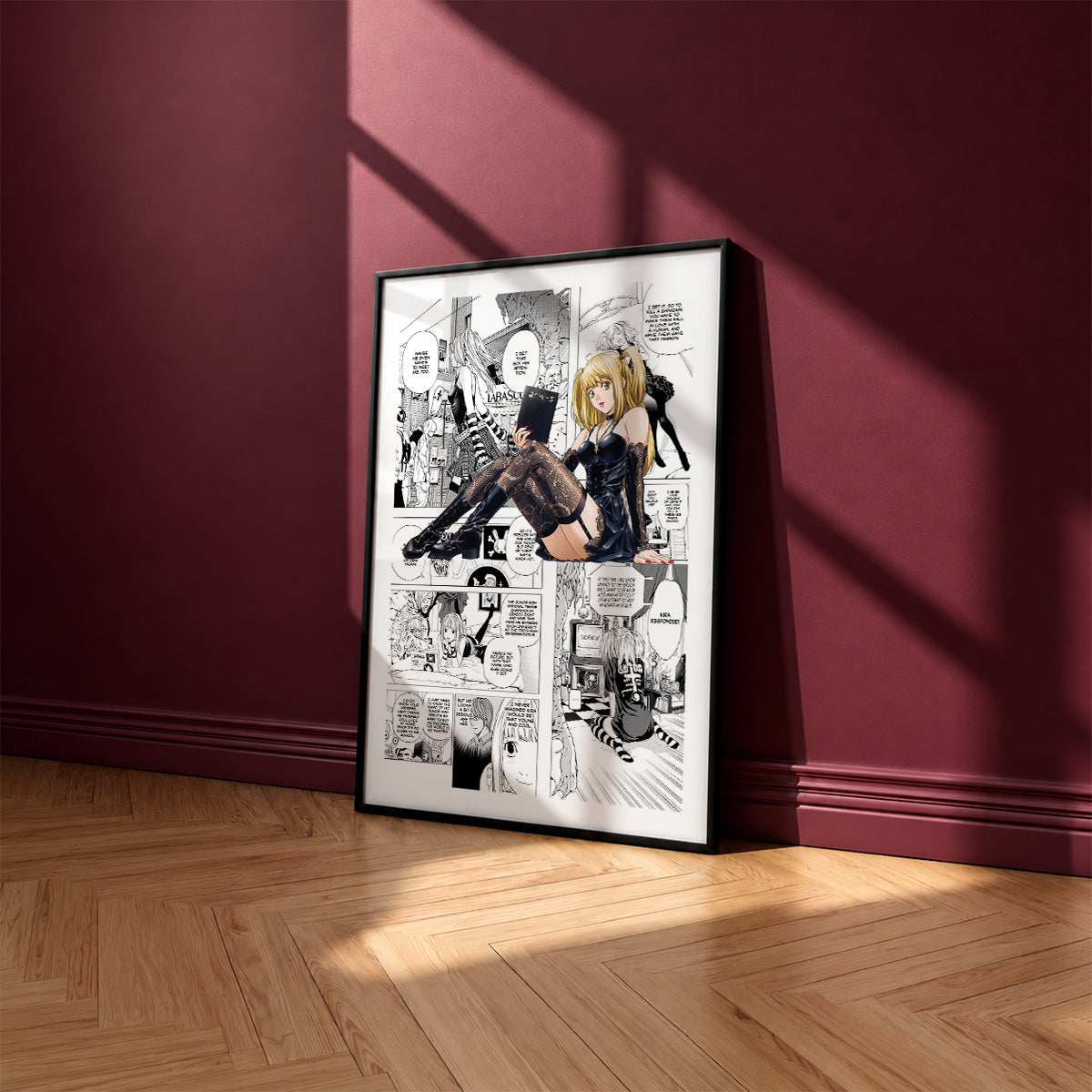 Misa Amane manga poster inspired by Death Note in a black frame against a burgundy wall