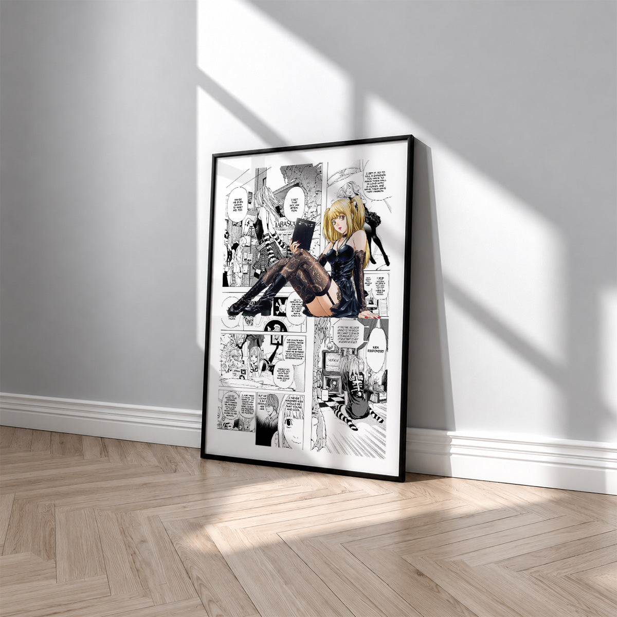Misa Amane manga poster inspired by Death Note in a black frame against a light gray wall