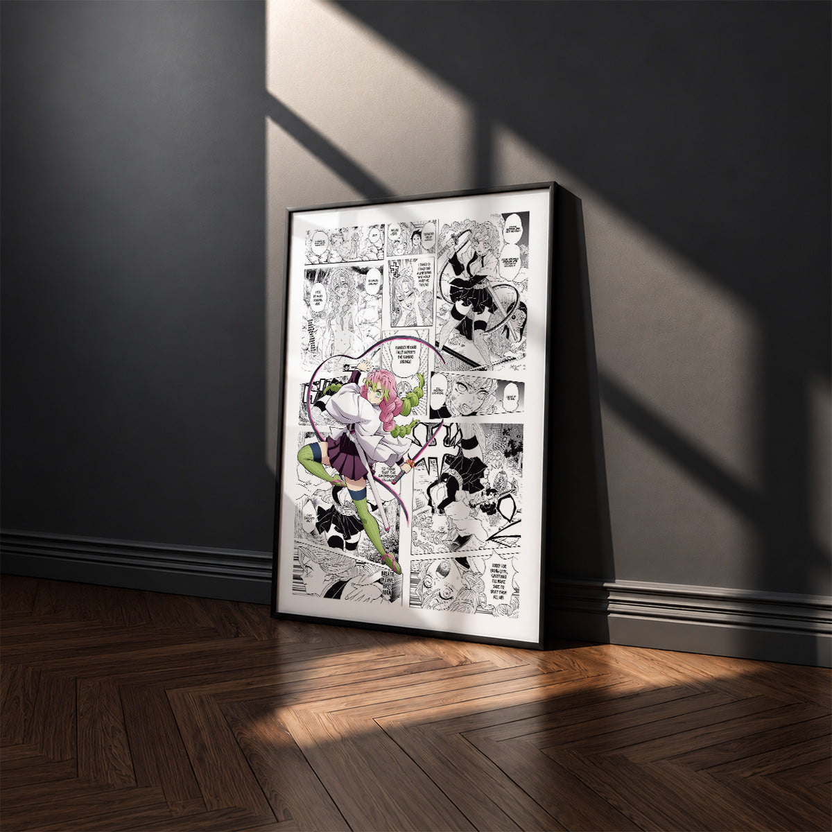 Mitsuri Kanroji manga poster inspired by Demon Slayer in a black frame against a charcoal gray wall