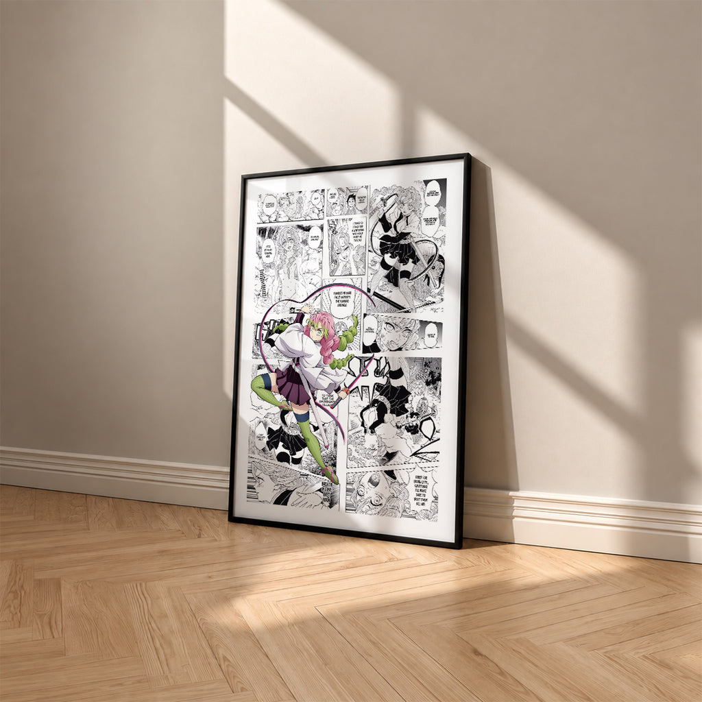 Mitsuri Kanroji manga poster inspired by Demon Slayer in a black frame against a warm beige wall