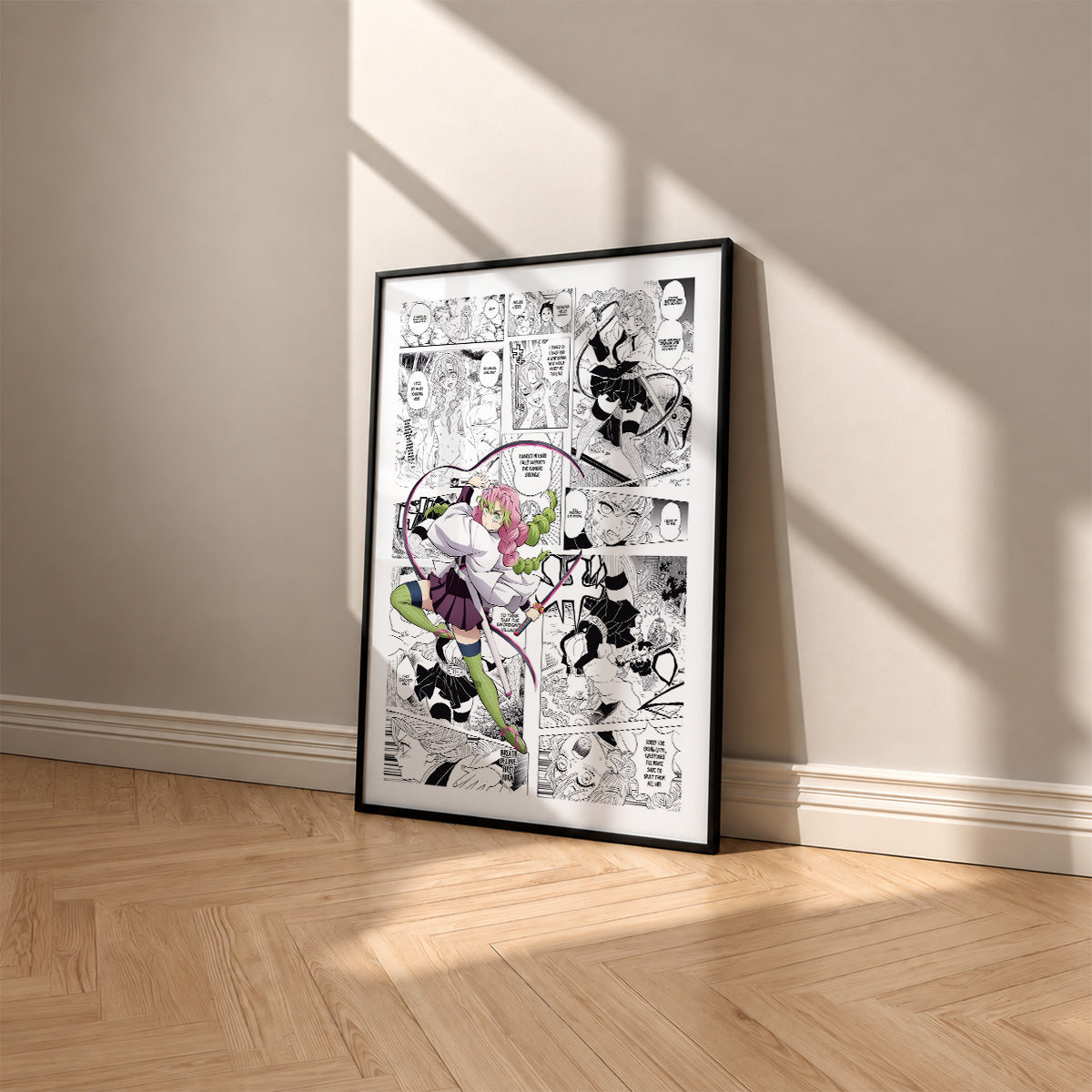 Mitsuri Kanroji manga poster inspired by Demon Slayer in a black frame against a warm beige wall