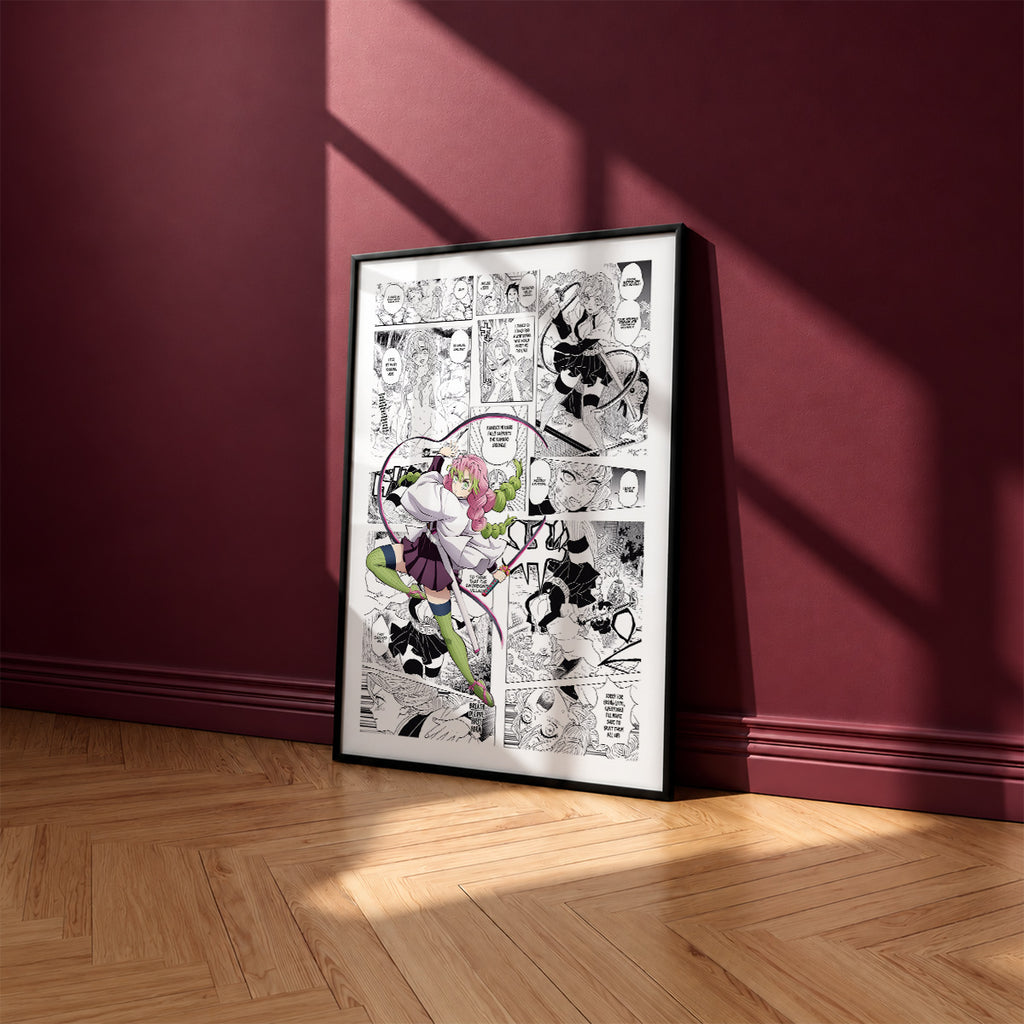 Mitsuri Kanroji manga poster inspired by Demon Slayer in a black frame against a burgundy wall