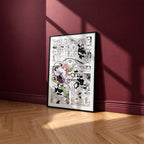 Mitsuri Kanroji manga poster inspired by Demon Slayer in a black frame against a burgundy wall