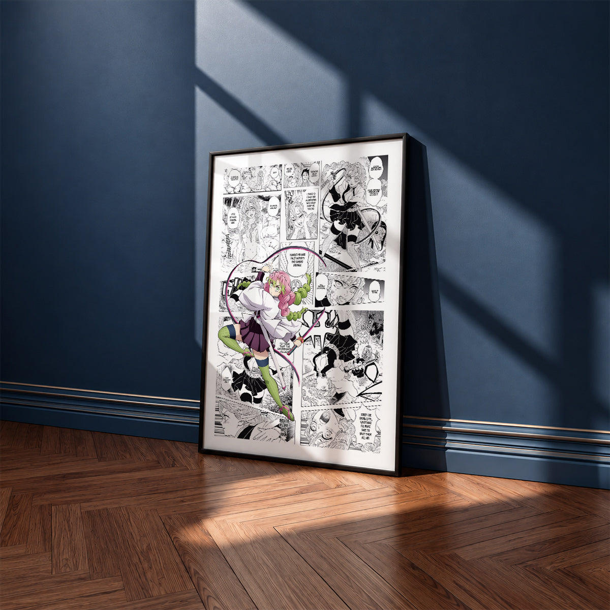 Mitsuri Kanroji manga poster inspired by Demon Slayer in a black frame against a navy blue wall