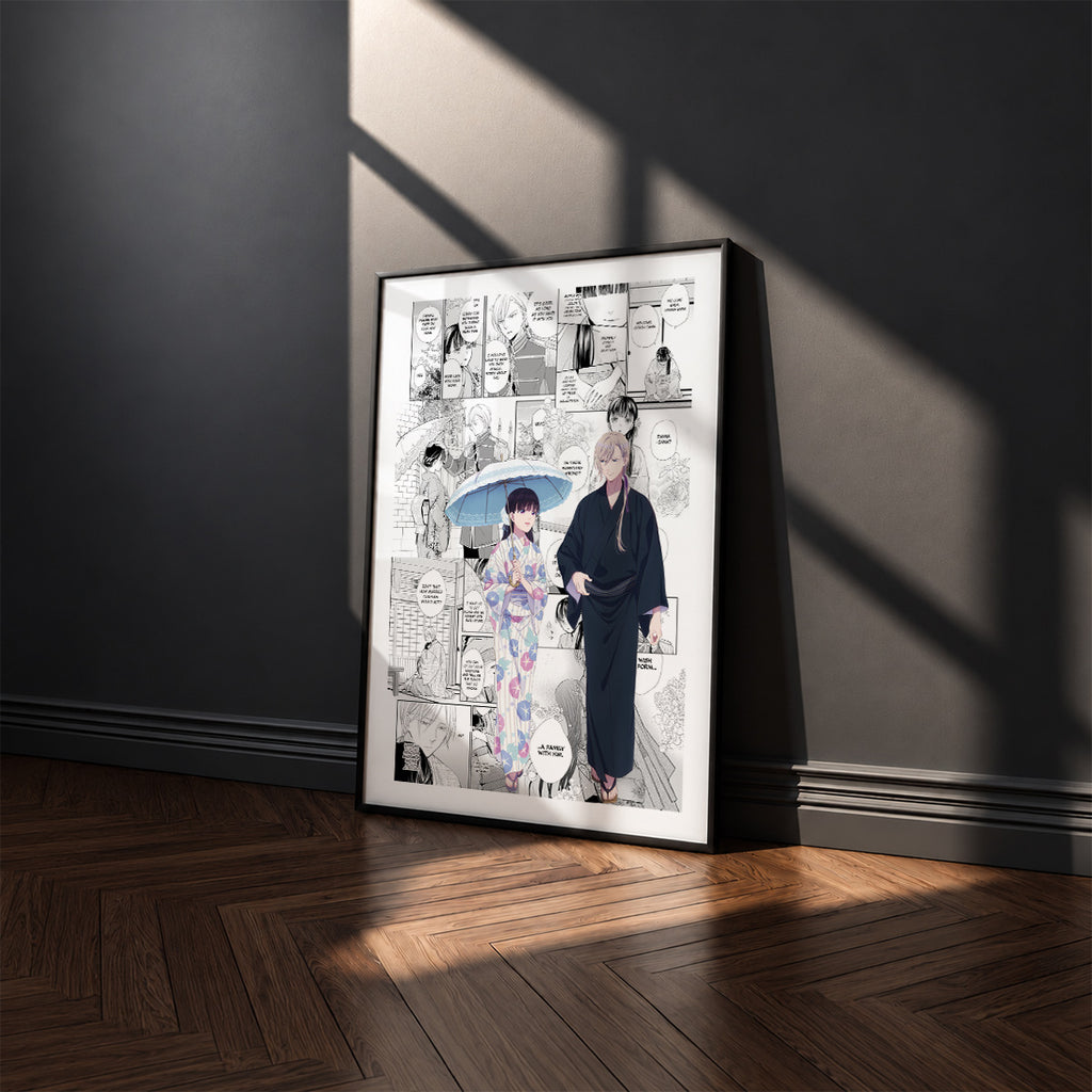 Miyo Saimori and Kiyoka Kudo manga poster inspired by My Happy Marriage in a black frame against a charcoal gray wall