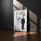 Miyo Saimori and Kiyoka Kudo manga poster inspired by My Happy Marriage in a black frame against a charcoal gray wall