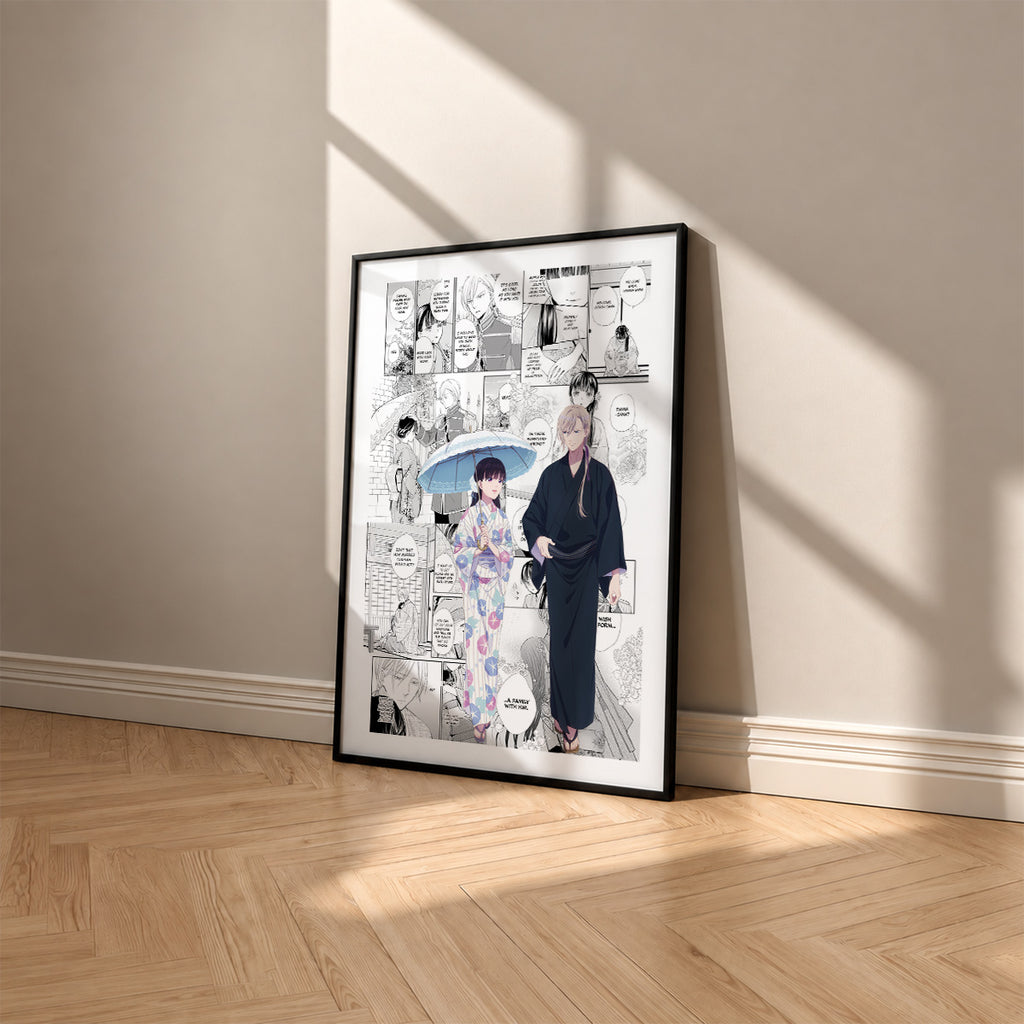 Miyo Saimori and Kiyoka Kudo manga poster inspired by My Happy Marriage in a black frame against a warm beige wall