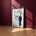 Miyo Saimori and Kiyoka Kudo manga poster inspired by My Happy Marriage in a black frame against a burgundy wall