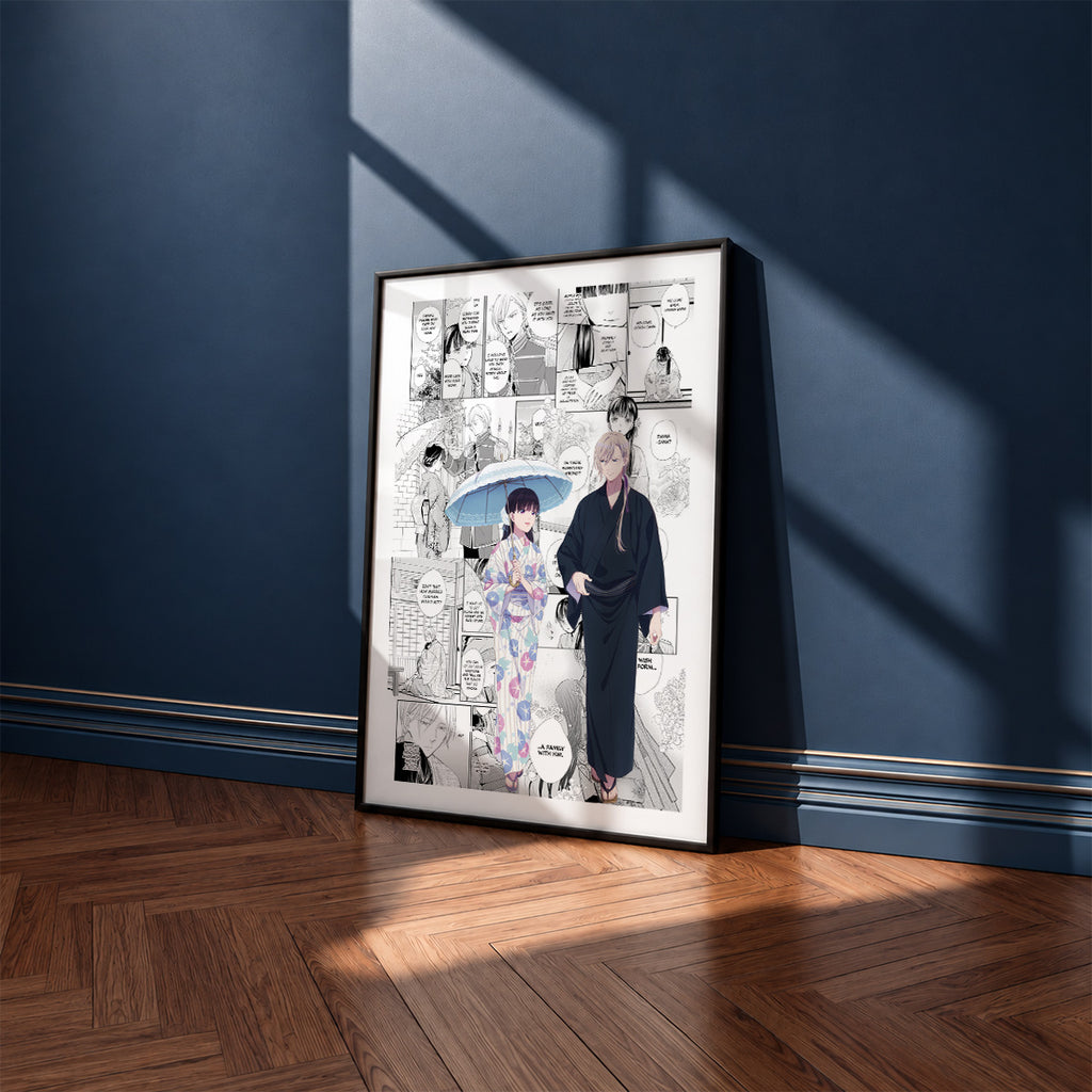 Miyo Saimori and Kiyoka Kudo manga poster inspired by My Happy Marriage in a black frame against a navy blue wall