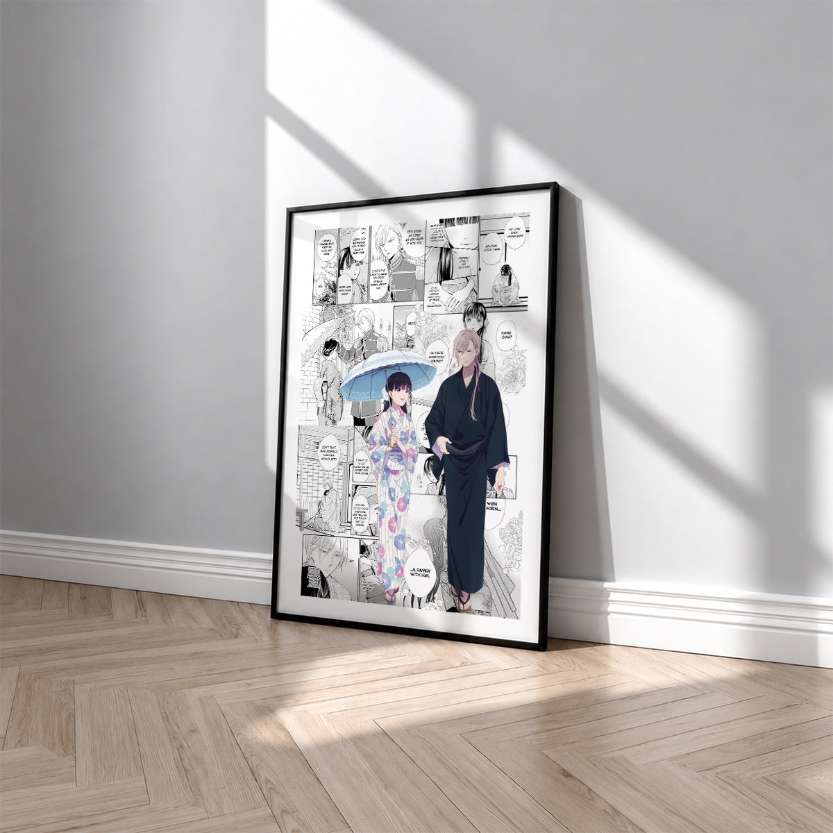 Miyo Saimori and Kiyoka Kudo manga poster inspired by My Happy Marriage in a black frame against a light gray wall