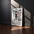 Momo and Okarun manga poster inspired by Dandadan in a black frame against a charcoal gray wall