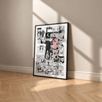Momo and Okarun manga poster inspired by Dandadan in a black frame against a warm beige wall