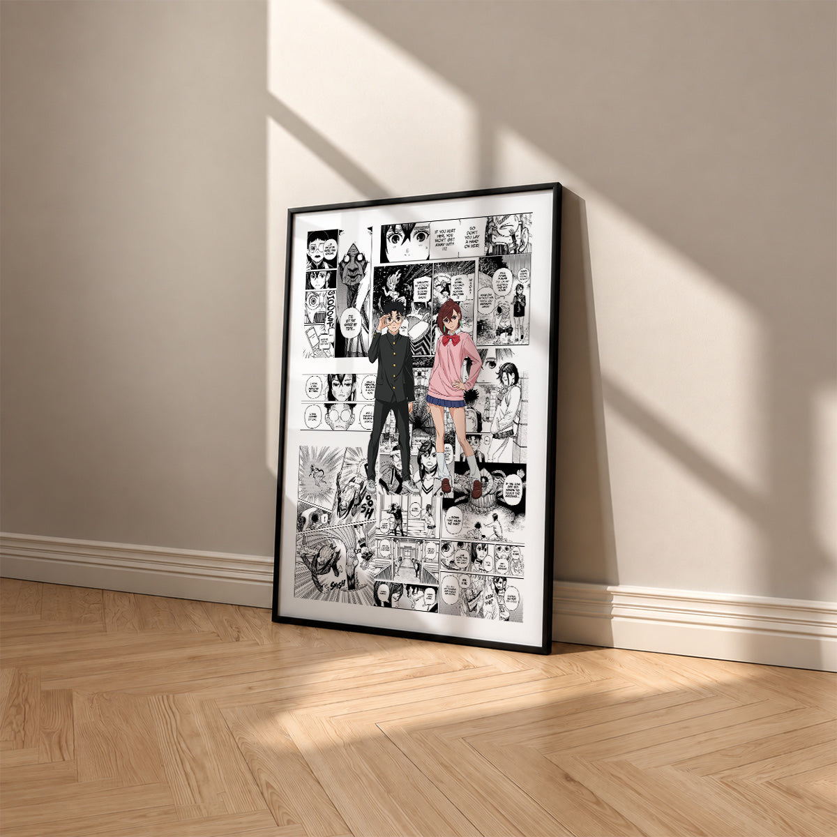 Momo and Okarun manga poster inspired by Dandadan in a black frame against a warm beige wall