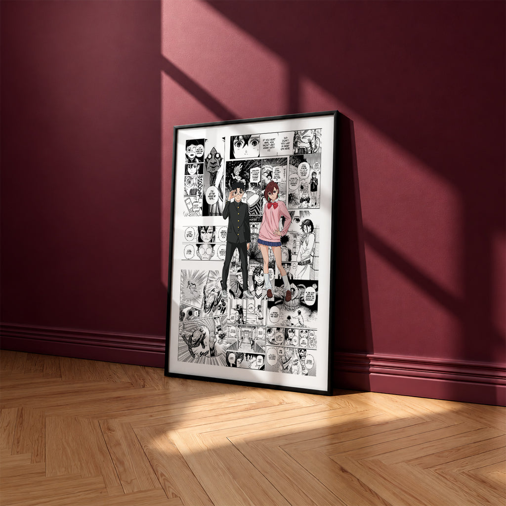Momo and Okarun manga poster inspired by Dandadan in a black frame against a burgundy wall