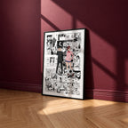 Momo and Okarun manga poster inspired by Dandadan in a black frame against a burgundy wall