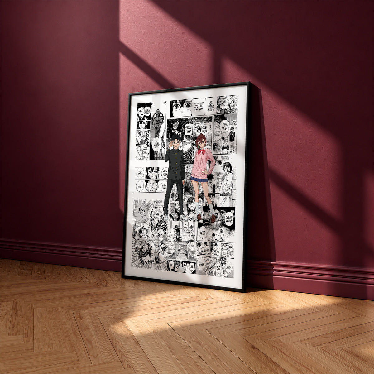 Momo and Okarun manga poster inspired by Dandadan in a black frame against a burgundy wall