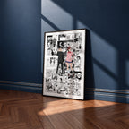 Momo and Okarun manga poster inspired by Dandadan in a black frame against a navy blue wall