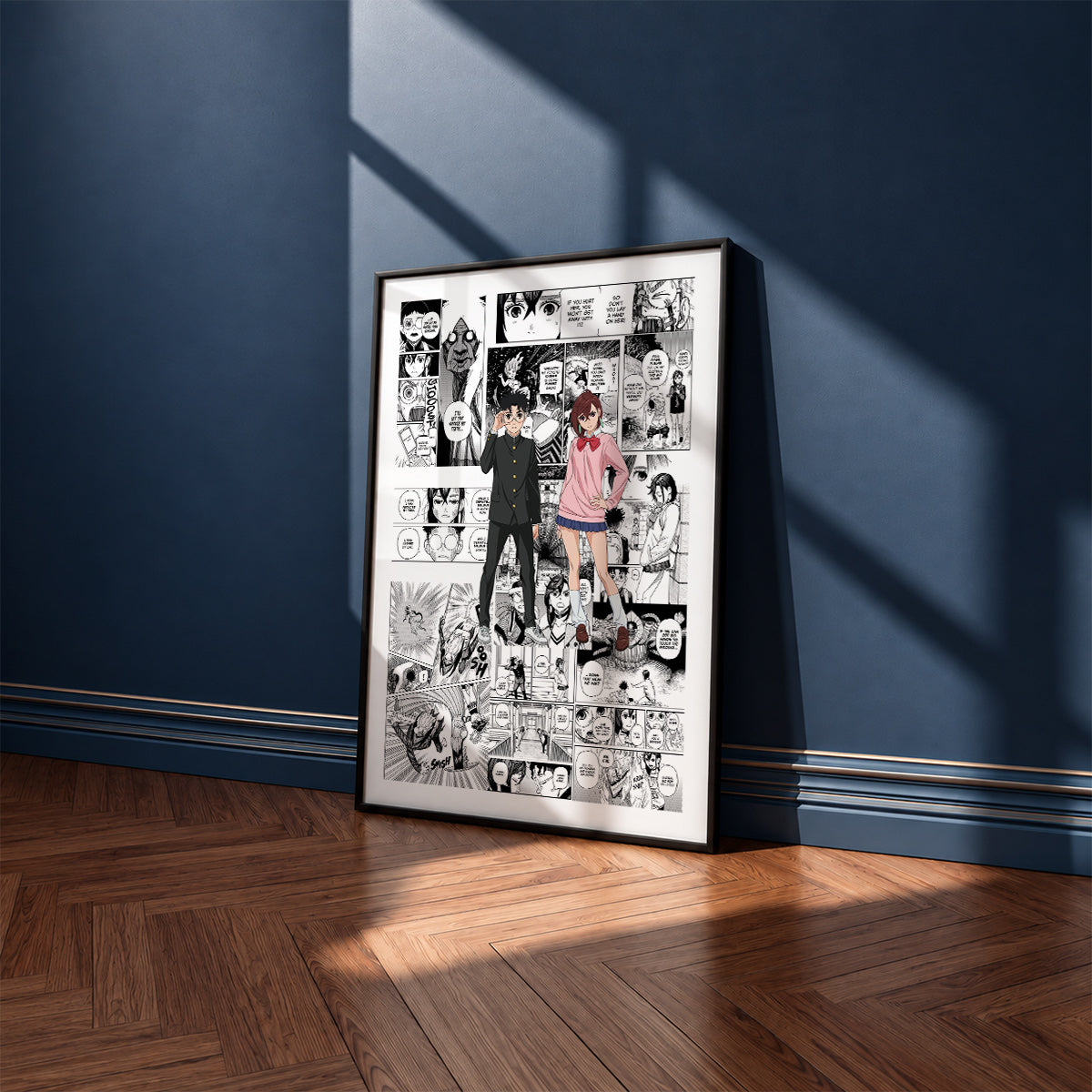Momo and Okarun manga poster inspired by Dandadan in a black frame against a navy blue wall