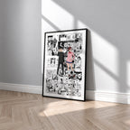 Momo and Okarun manga poster inspired by Dandadan in a black frame against a light gray wall