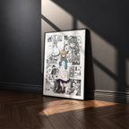 Monica Everett manga poster inspired by Secrets of the Silent Witch in a black frame against a charcoal gray wall