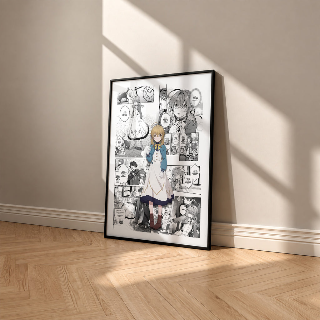 Monica Everett manga poster inspired by Secrets of the Silent Witch in a black frame against a warm beige wall