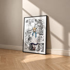 Monica Everett manga poster inspired by Secrets of the Silent Witch in a black frame against a warm beige wall