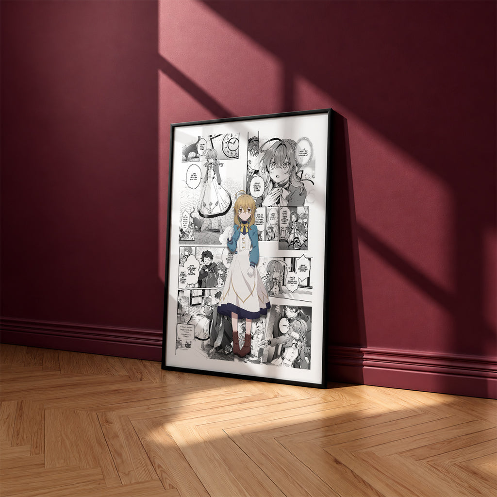 Monica Everett manga poster inspired by Secrets of the Silent Witch in a black frame against a burgundy wall