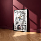Monica Everett manga poster inspired by Secrets of the Silent Witch in a black frame against a burgundy wall