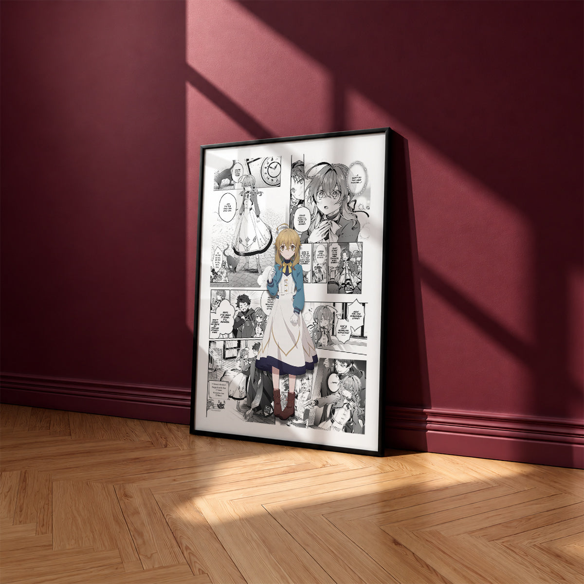 Monica Everett manga poster inspired by Secrets of the Silent Witch in a black frame against a burgundy wall