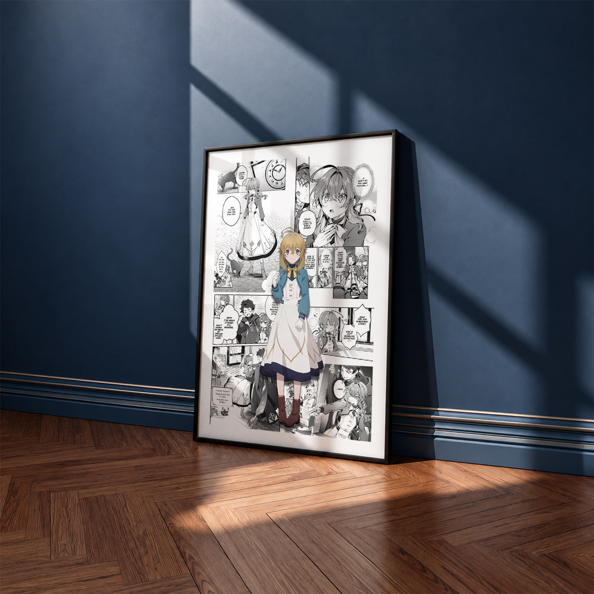 Monica Everett manga poster inspired by Secrets of the Silent Witch in a black frame against a navy blue wall