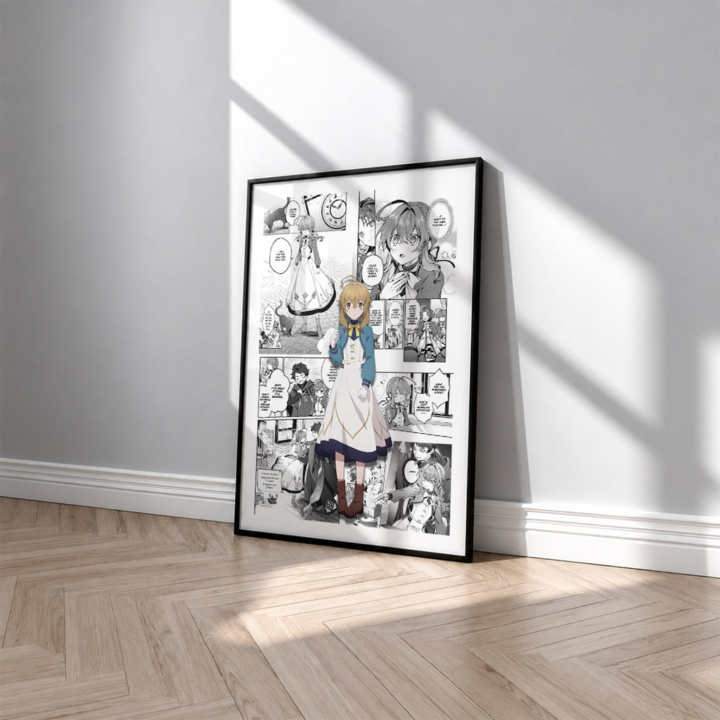 Monica Everett manga poster inspired by Secrets of the Silent Witch in a black frame against a light gray wall