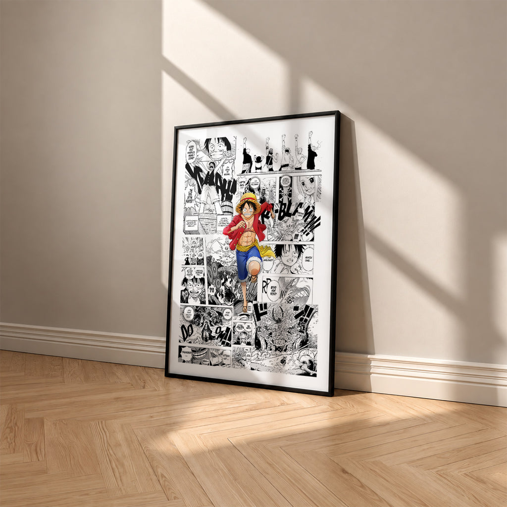 Monkey D. Luffy manga poster inspired by One Piece in a black frame against a warm beige wall