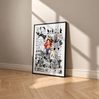 Monkey D. Luffy manga poster inspired by One Piece in a black frame against a warm beige wall