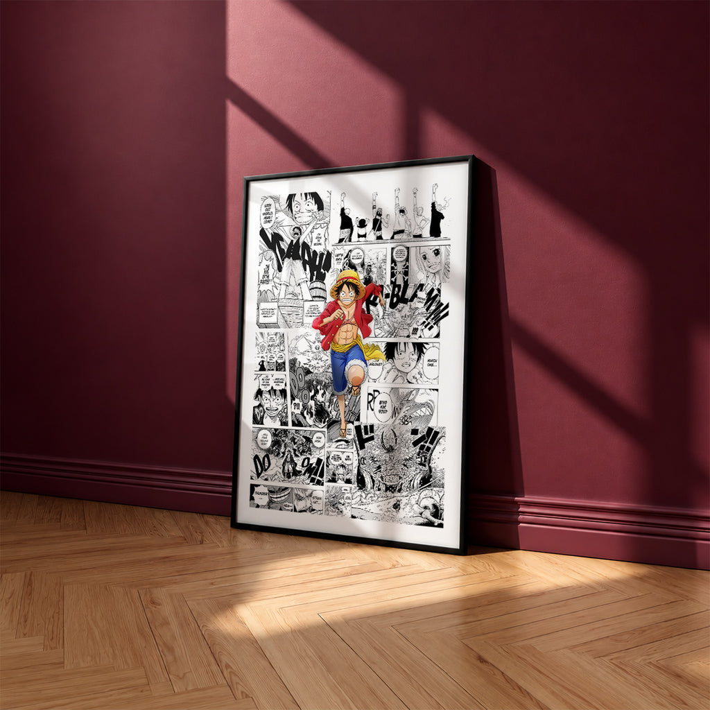 Monkey D. Luffy manga poster inspired by One Piece in a black frame against a burgundy wall