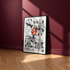 Monkey D. Luffy manga poster inspired by One Piece in a black frame against a burgundy wall