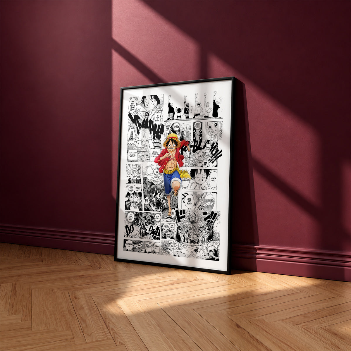 Monkey D. Luffy manga poster inspired by One Piece in a black frame against a burgundy wall